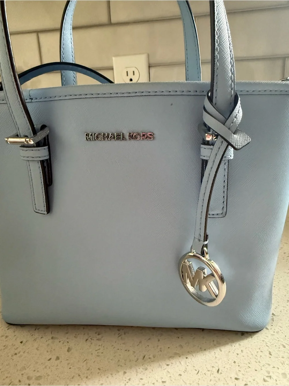 Michael Kors Light Blue Saffiano Satchel with MK Charm